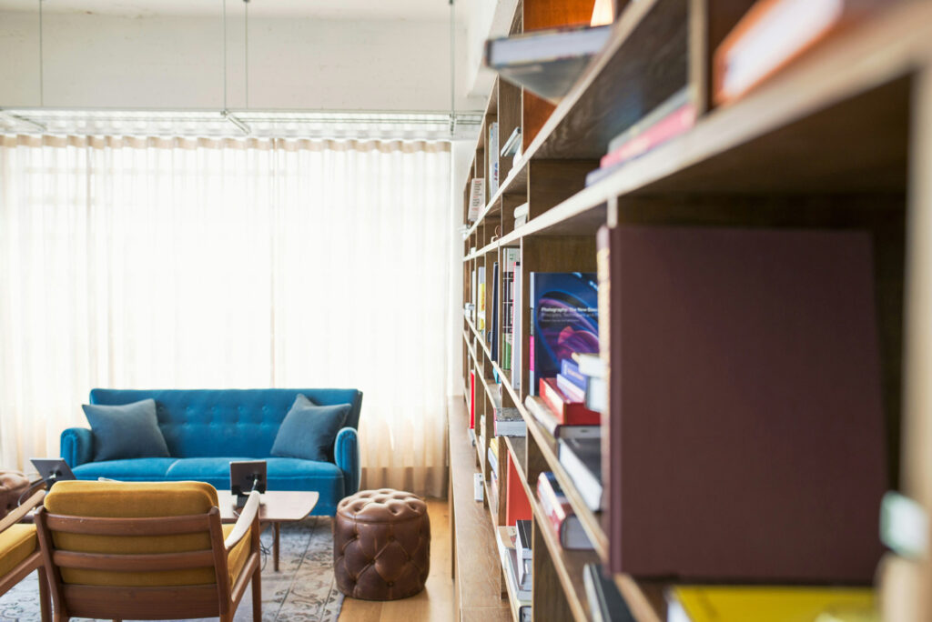 a home library with comfy couch